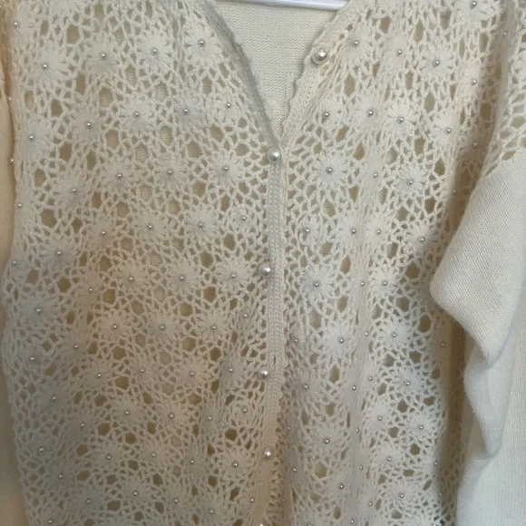 Marisa Christina Sweater Large Ivory Pearl Stud Lambswool Knit Cardigan Vintage - Picture 3 of 14